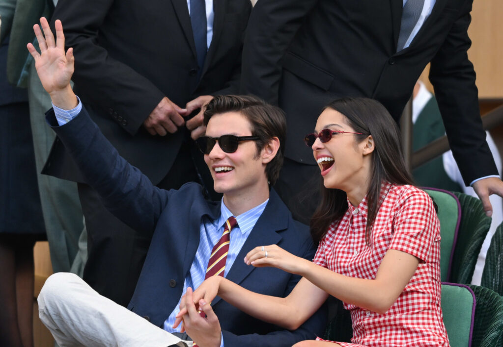 london england july 02 louis partridge and olivia rodrigo attend day three of the wimbledon tennis championships at the all england lawn tennis and croquet club on july 02 2025 in london england phot