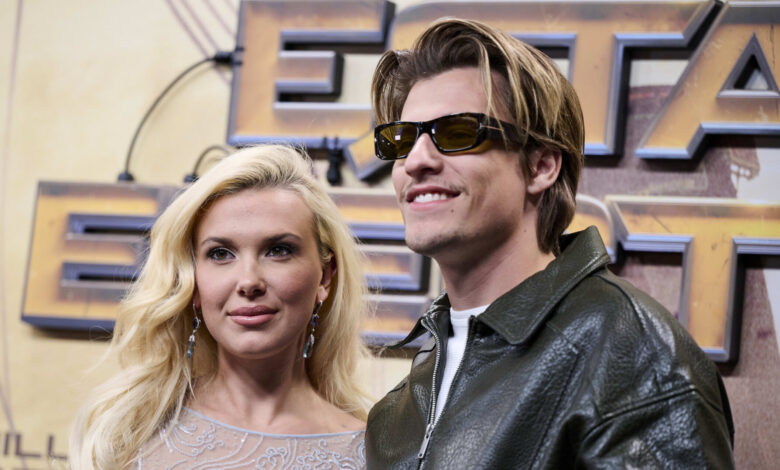 madrid spain february 27 british actress millie bobby brown and her boyfriend jake bongiovi attend to the premiere of the electric state at callao cinema on february 27 2025 in madrid spain photo by b scaled e1760092732327