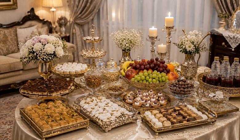 چیدمان میز بله‌برون لوکس با گل‌آرایی سفید، شمع، میوه و شیرینی‌های پذیر